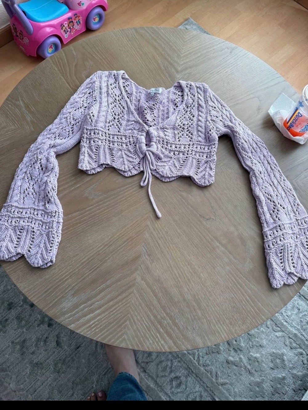 Others Follow Lilac Open-Knit Tie-Front Cropped Shrug